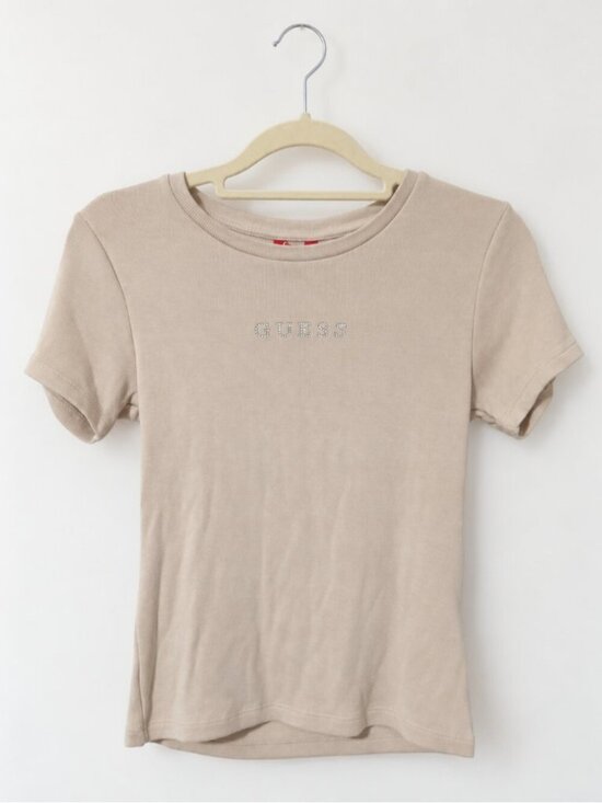 Guess Tops - GUESS Women’s M Beige Ribbed Rhinestone Logo Baby Tee Y2K McBling Fitted Top